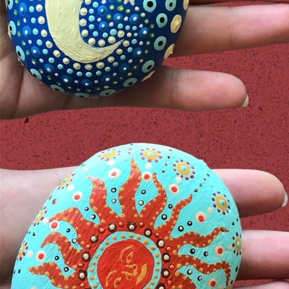 Hand-painted Patio Mandala Rocks • Set of 2 • Moon & Sun - Picture 6 of 7